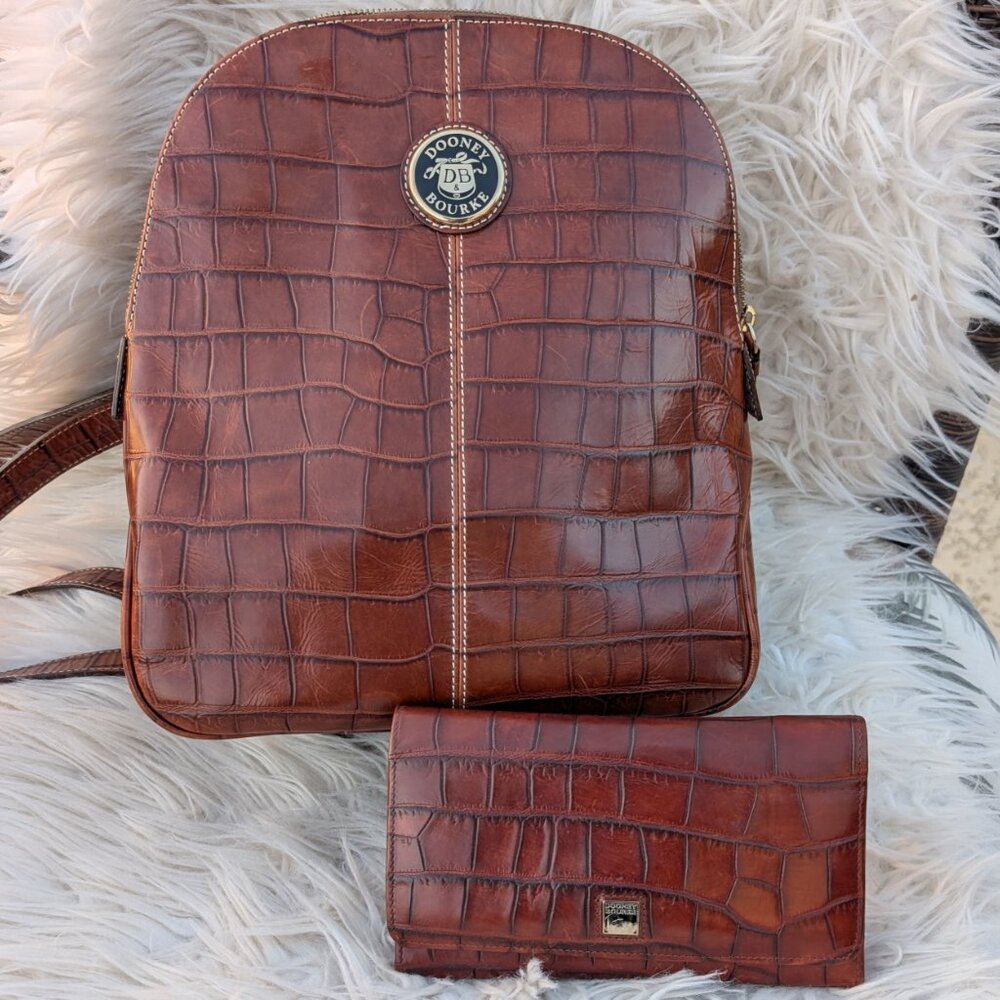 Dooney & Bourke Brown Croc-Embossed Backpack and Wallet